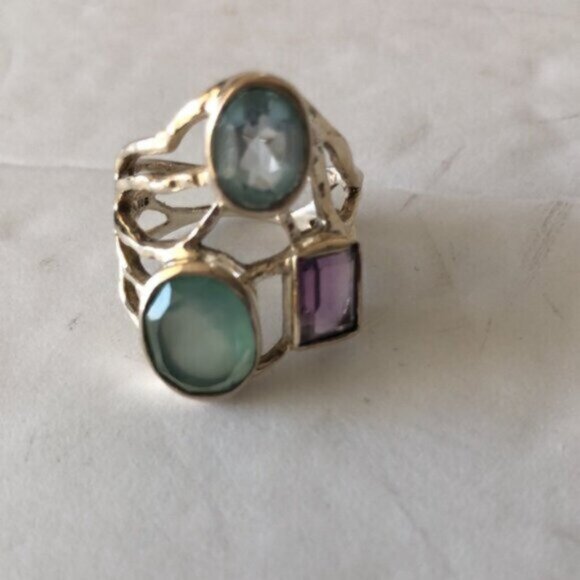 925 Sterling Silver Lacy Bezel Ring 3 Gemstones Purple, Blue & Aqua India Sz.7 - Picture 6 of 16